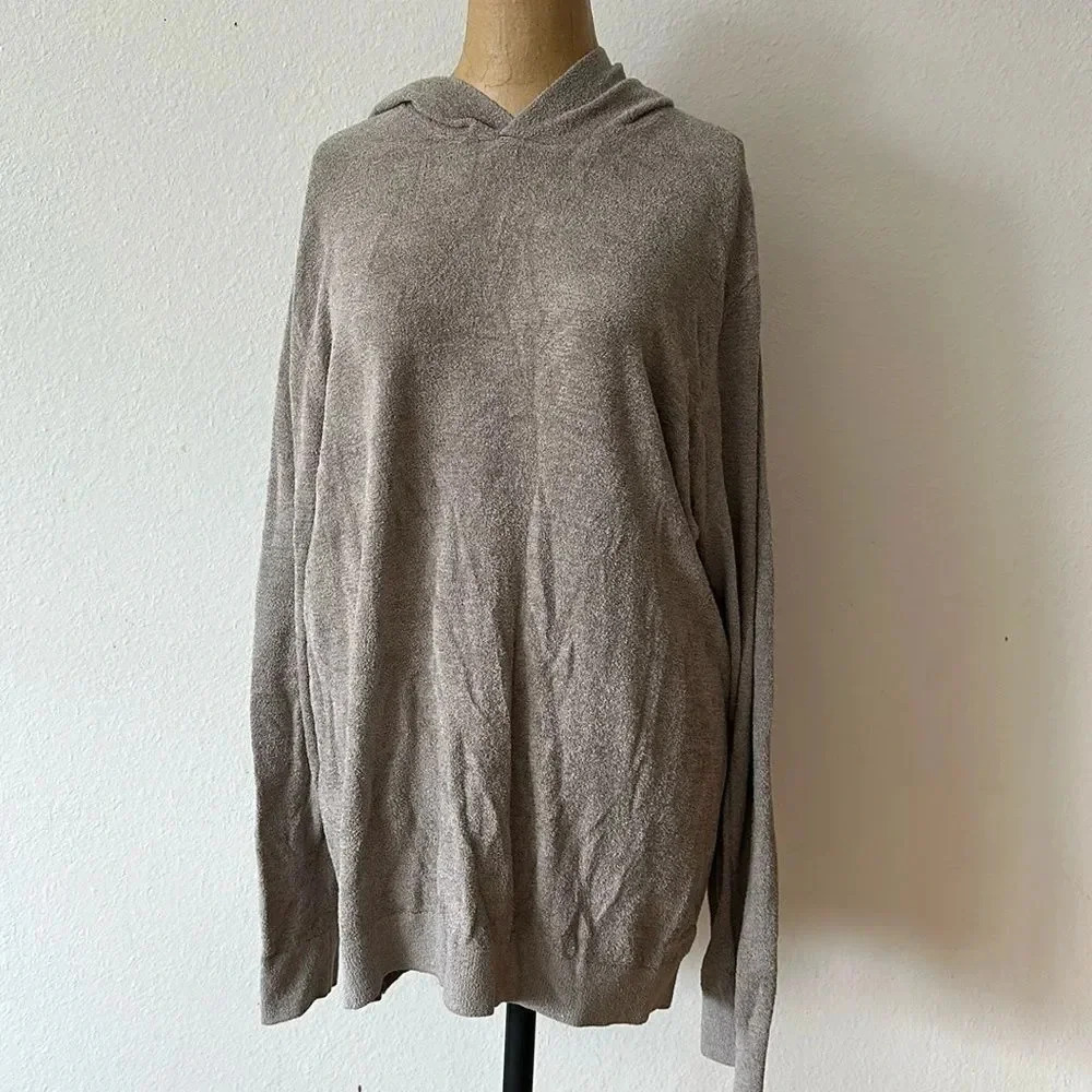 Barefoot Dreams L cozy chic ultra lite knit long sleeve hooded taupe sweatshirt